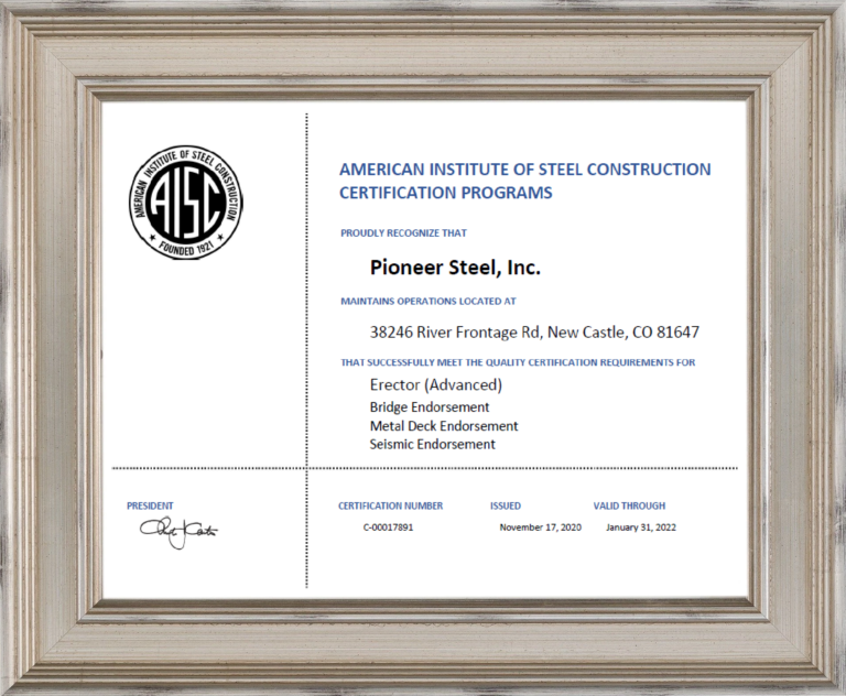Aisc Certification Pioneer Steel Inc